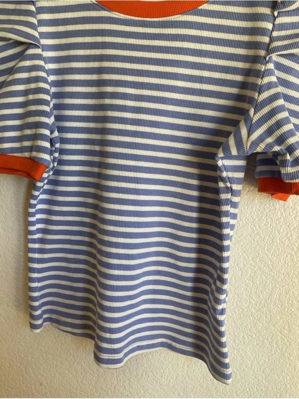 Anthropologie Striped Puff Sleeve Tee in Blue, White & Orange Trim - Picture 3 of 7